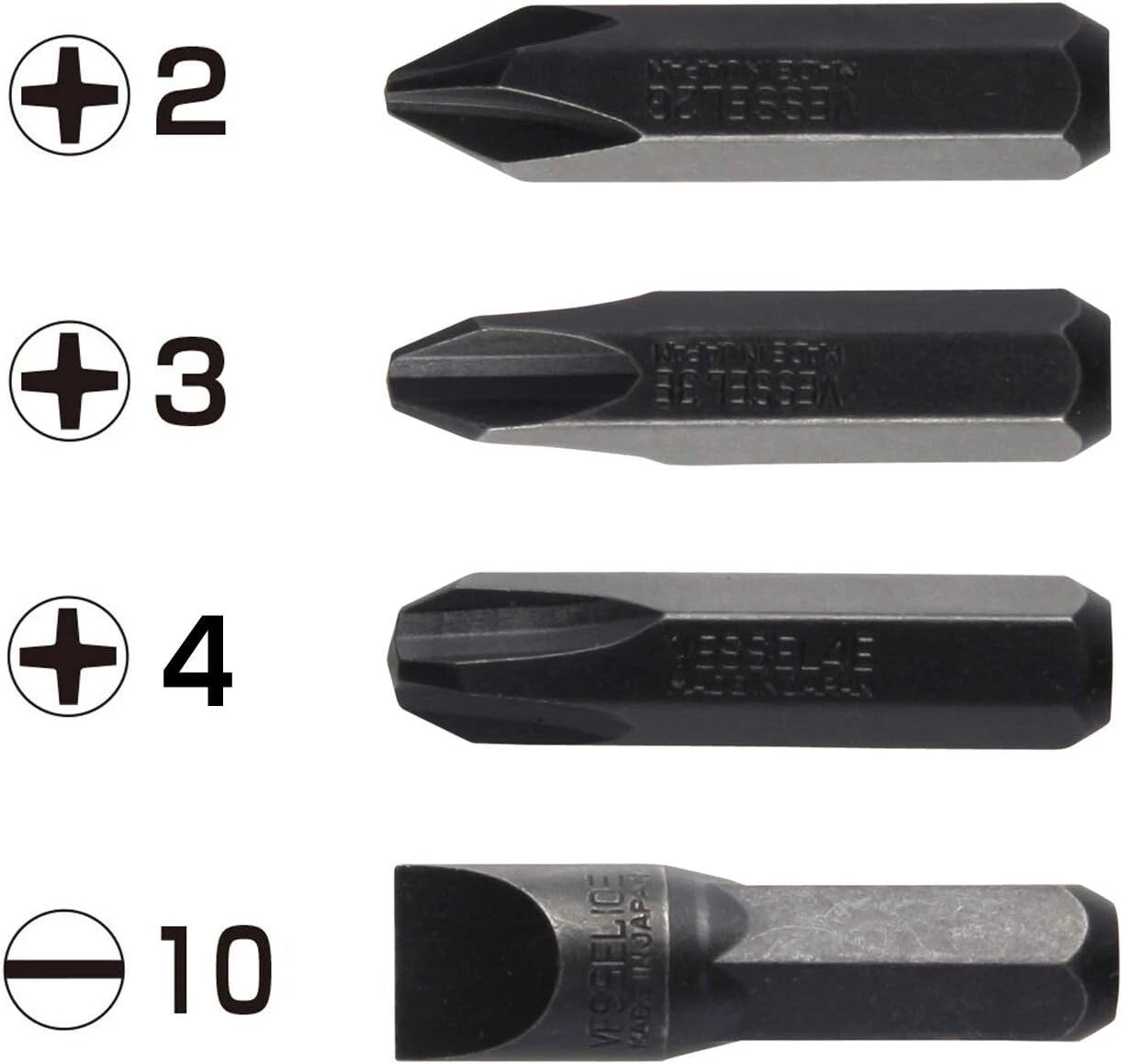 VESSEL BS2500 Impact Screwdriver Bits Heavy Duty 4 Pcs JIS Set