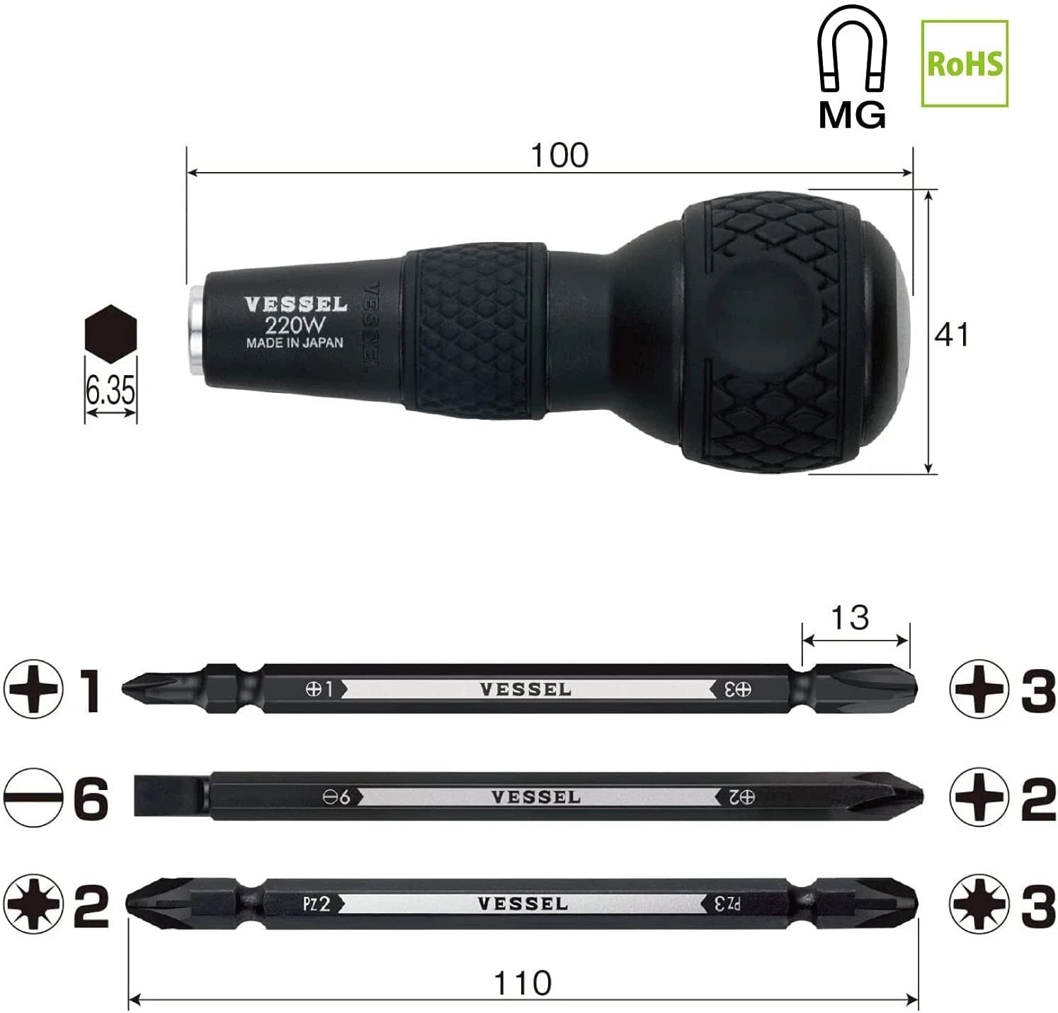 VESSEL PROKON Ball Grip Screwdriver set No.220W-3 Japan Import