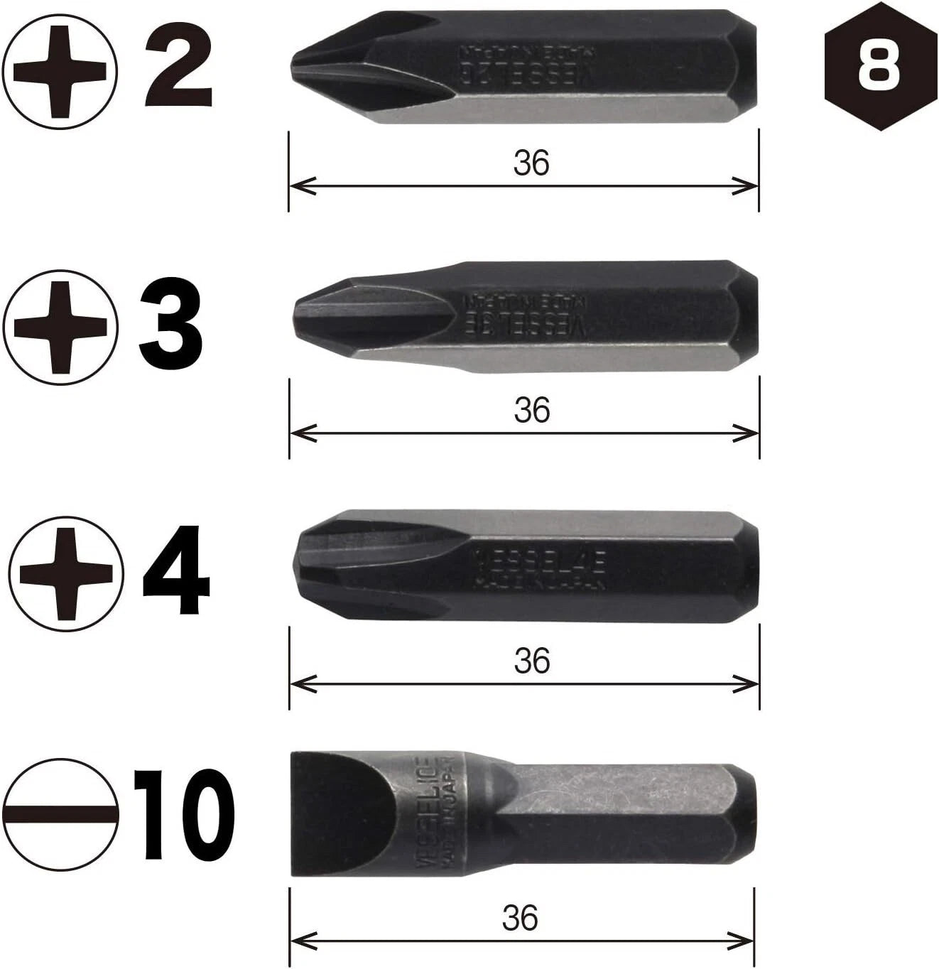 VESSEL BS2500 Impact Screwdriver Bits Heavy Duty 4 Pcs JIS Set