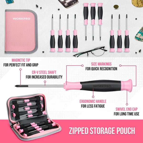 WORKPRO 10-Pieces Precision Screwdriver Set w/Pink Pouch RUST RESISTANT NEW