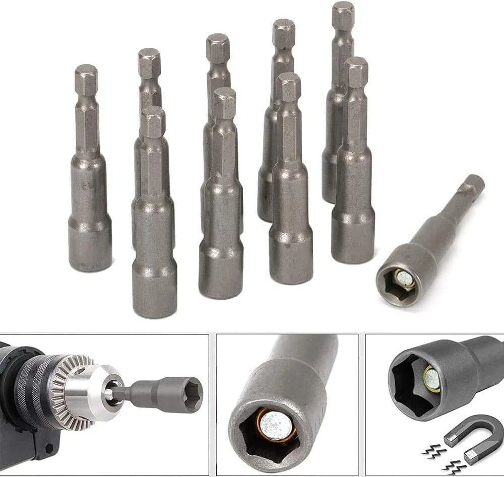 10Pcs 1/4'' Hex Shank Magnetic Power Nut Driver Bit Sets Quick Change Socket Nut