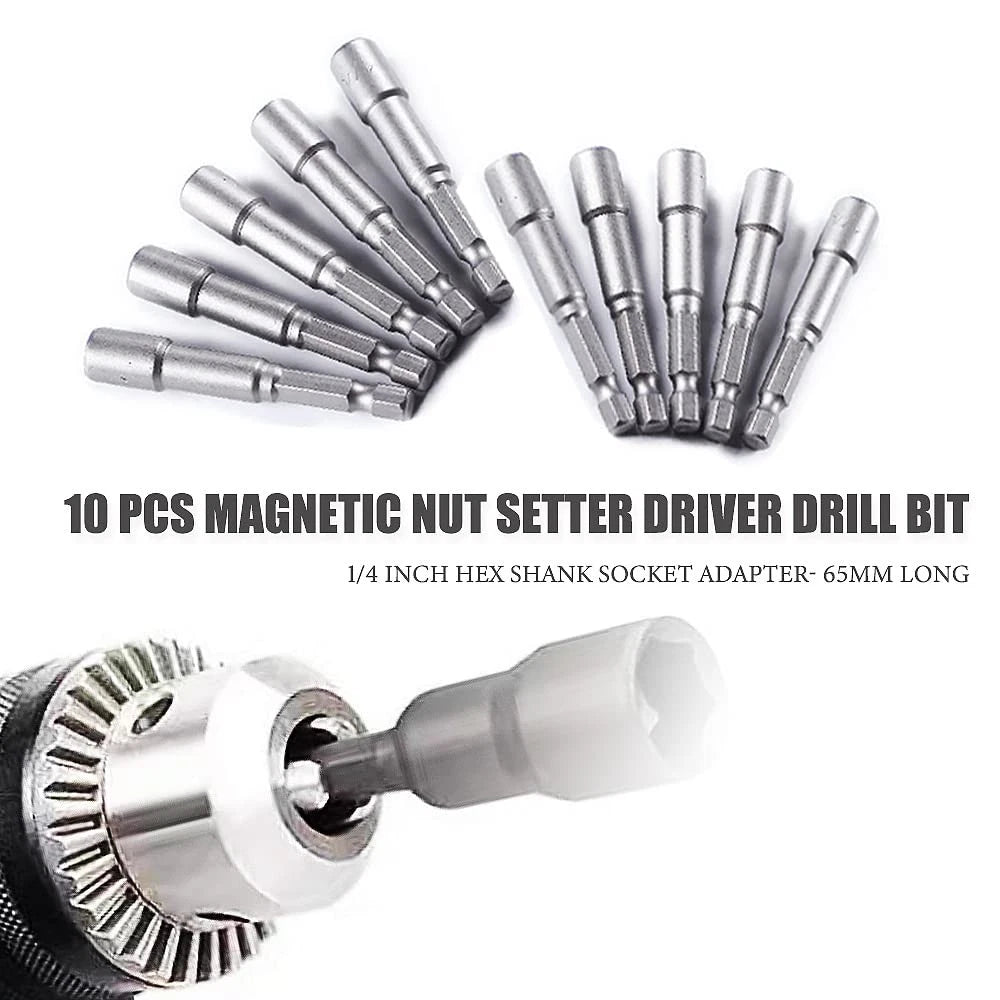 10-Piece Magnetic Nut Driver Bit Set, 1/4-Inch Hex Shank, Chrome Vanadium Steel