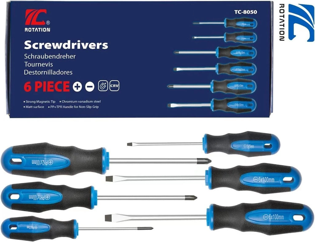 6PCS Magnetic Tip Screwdriver Set, 3 Phillips and 3 Flat, Professional Cushion