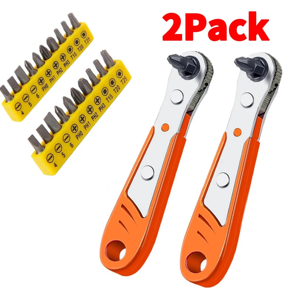 2×Ratcheting Right Angle Screwdriver Hex Drive 90 Degree Offset + 10PCS Bits Set
