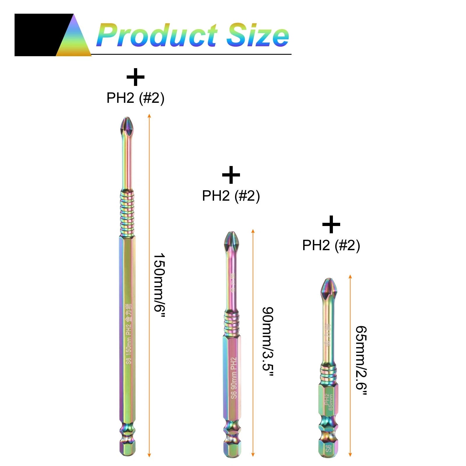 3pcs Anti Slip Phillips Screwdriver Bit Set PH2 1/4" Shank 2.6"/3.5"/6" Long