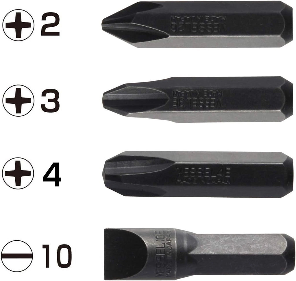VESSEL BS2500 Impact Screwdriver Bits Heavy Duty 4 Pcs JIS Set