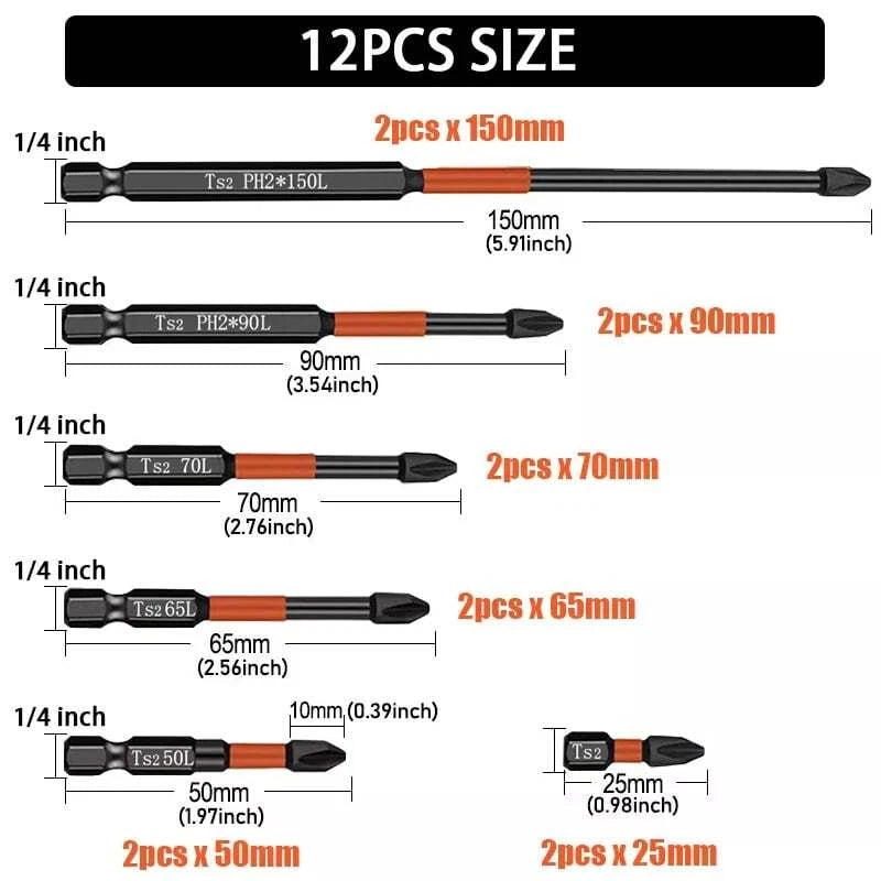 12/24Pcs PH2 Impact Driver Bit Set Magnetic Phillips Screwdriver Drill Bits Tool