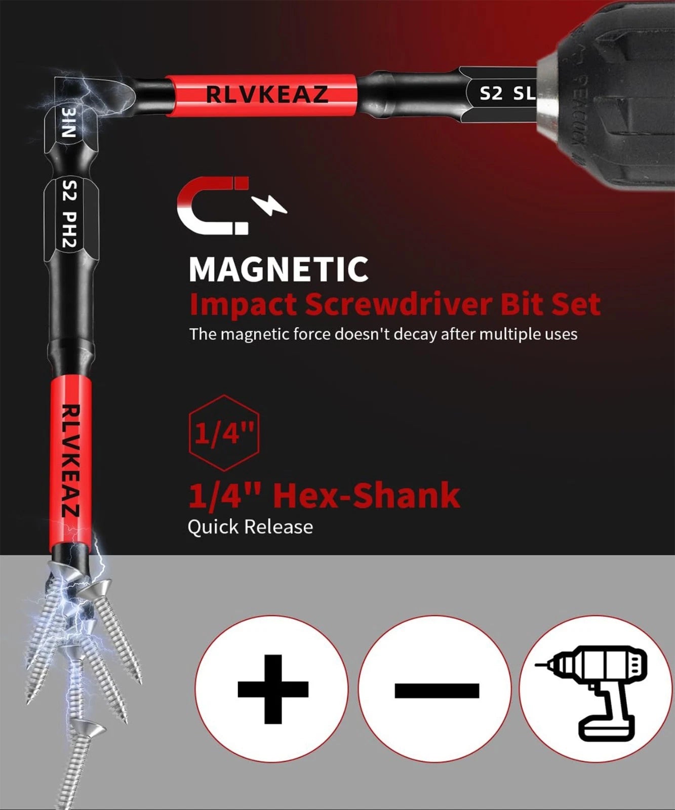 10‑Pc 3" Magnetic Screwdriver Bits Set Phillips & Slotted 1/4" Hex Impact Driver