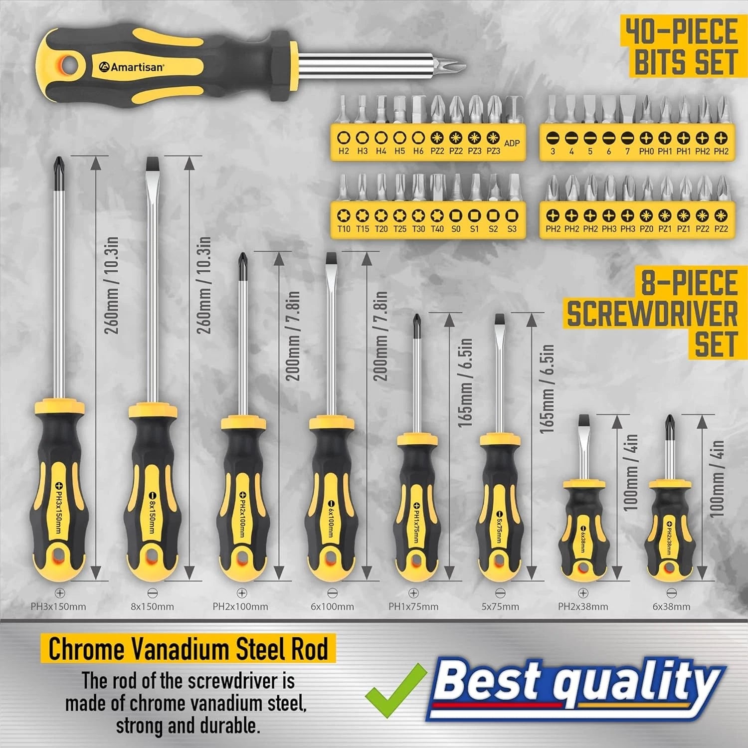 Magnetic Screwdrivers Set with Case, Amartisan 72-piece Includs Yellow
