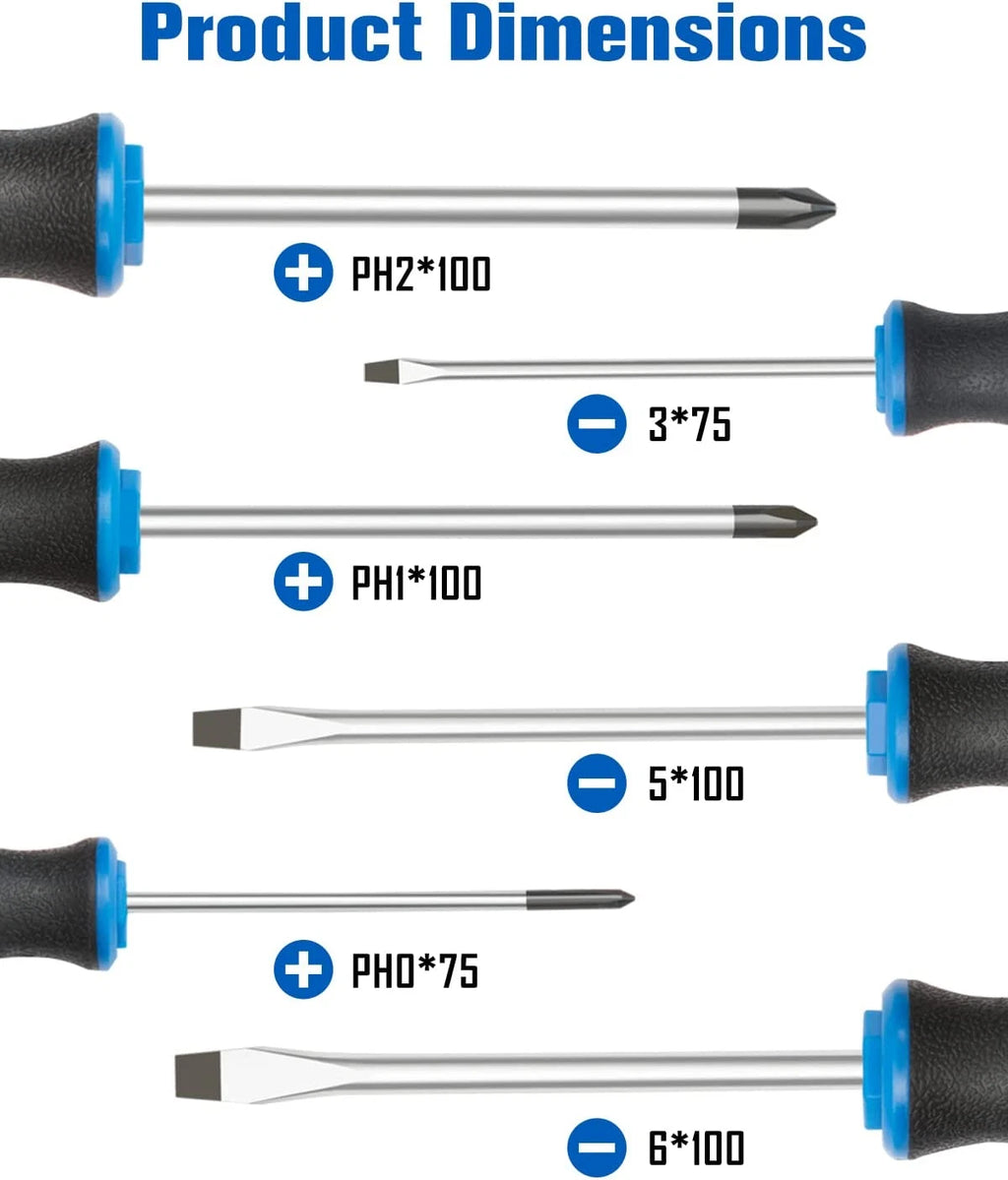 6PCS Magnetic Tip Screwdriver Set, 3 Phillips and 3 Flat, Professional Cushion G