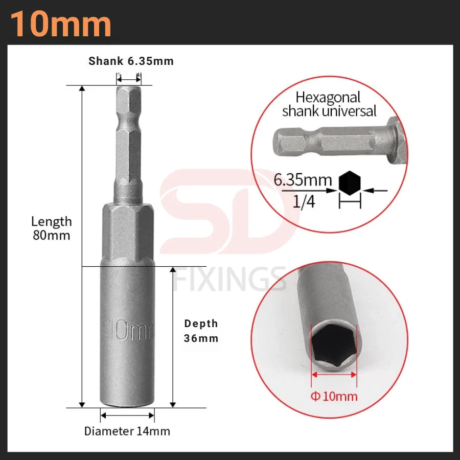 5 x Deep Bolt 10mm Nut Driver Bit Set 1/4" Hex Shank Impact Socket Adapter