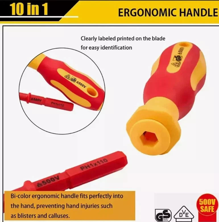 10Pcs VDE Insulated Electrician Interchangeable Head Screwdriver Set & Pouch UK