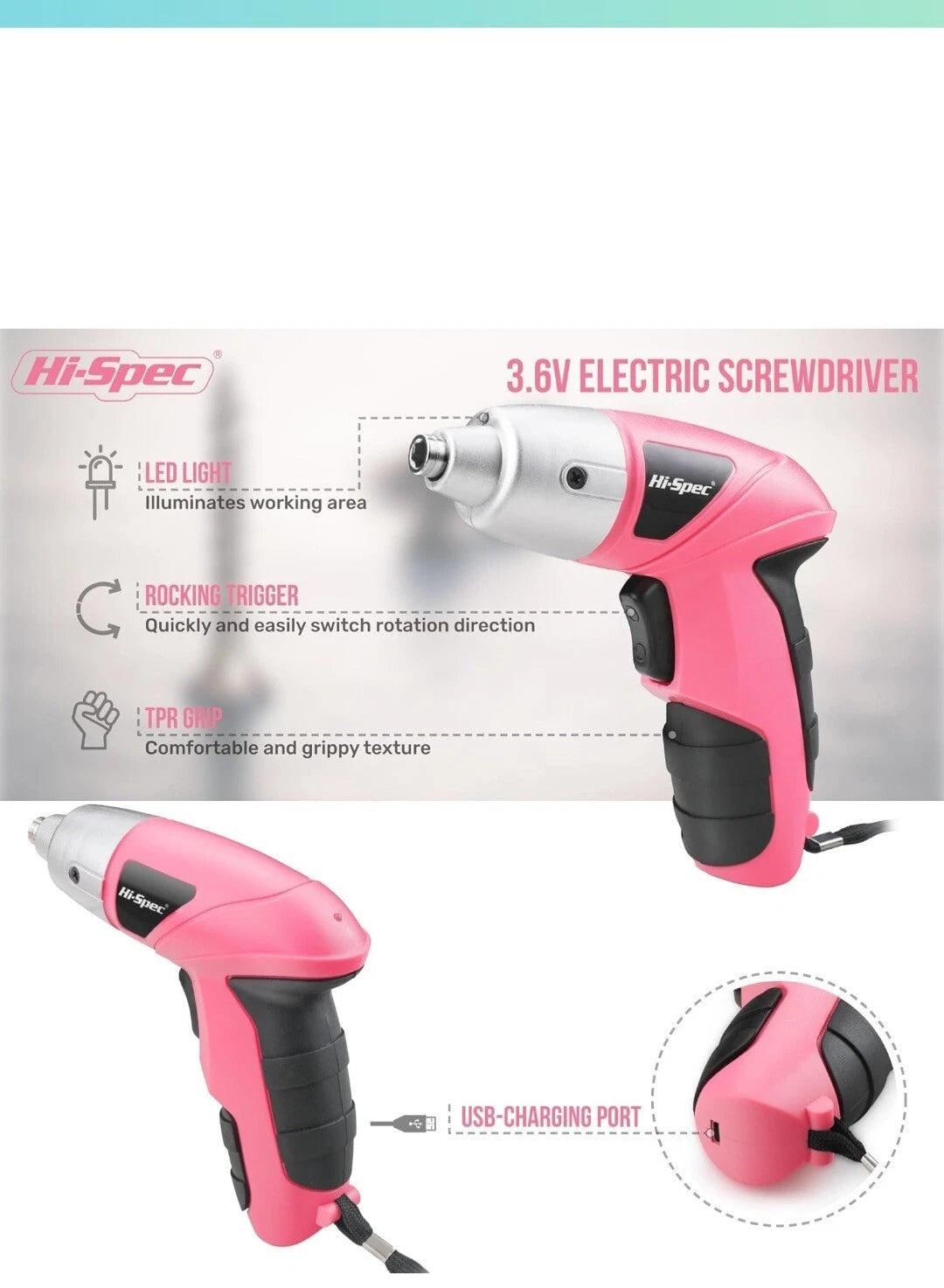 Hi-Spec Electric Screwdriver 27pcs 3.6V Pink USB Small Power Rechargerable
