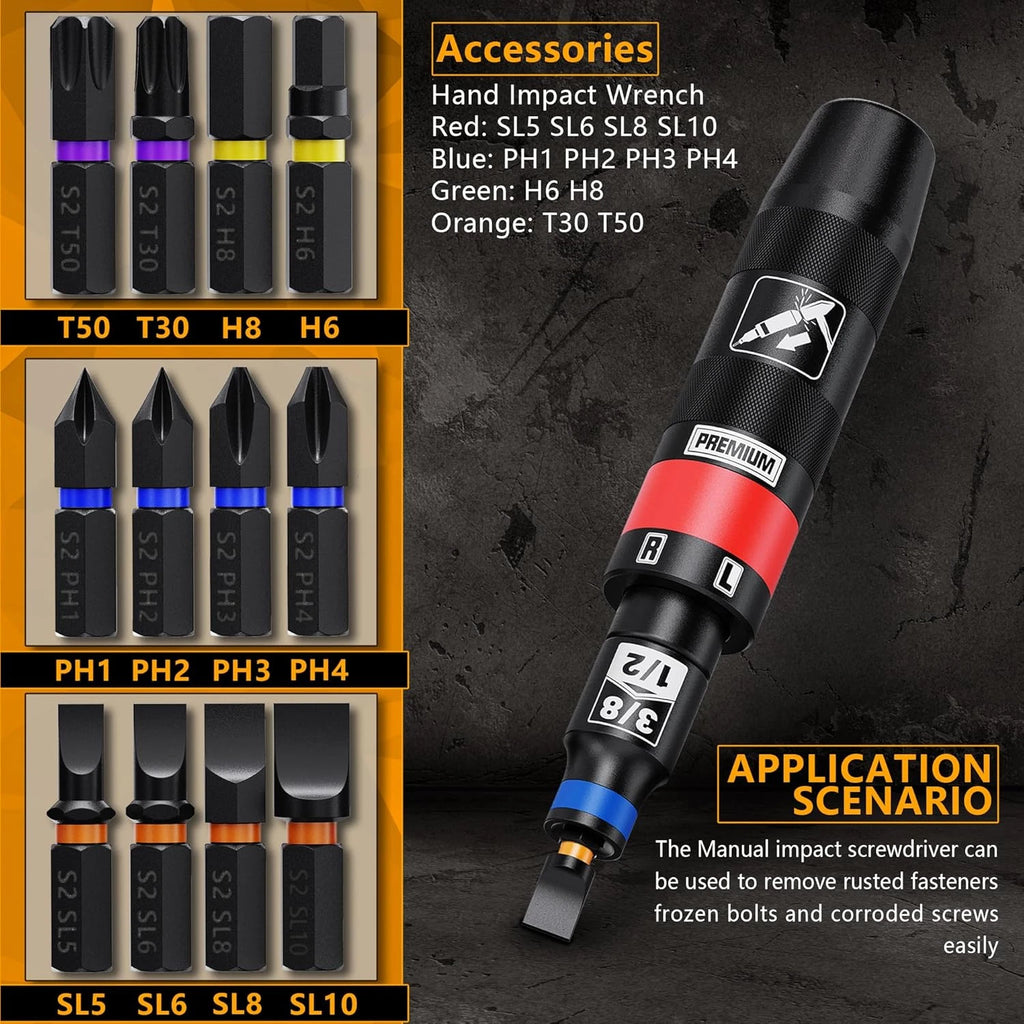 1/2" Hand Impact Screwdriver Set, 13 PCS Manual Reversible Impact Driver Kit, S2