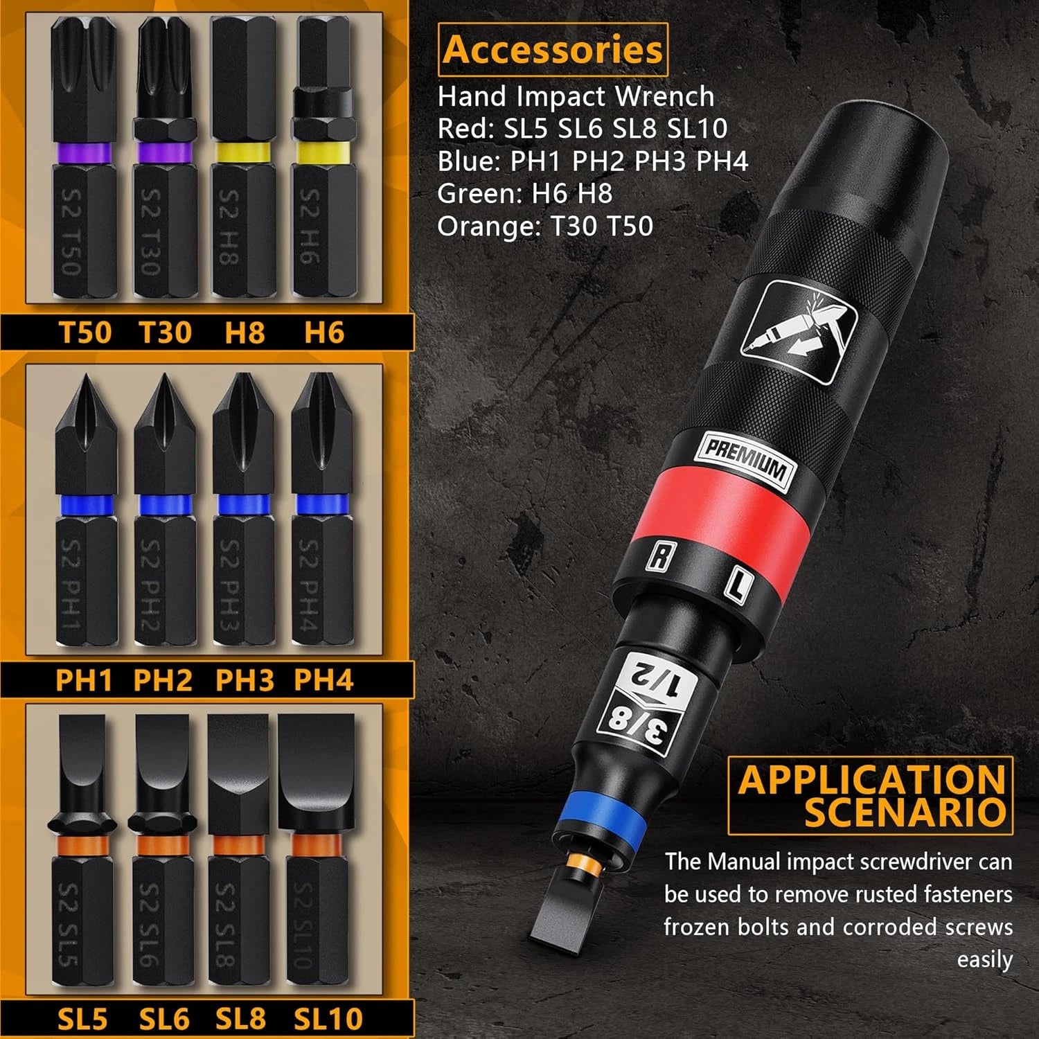 1/2" Hand Impact Screwdriver Set, 13 PCS Manual Reversible Impact Driver Kit, S2