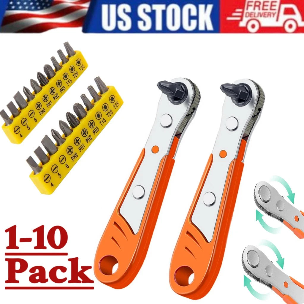 2×Ratcheting Right Angle Screwdriver Hex Drive 90 Degree Offset + 10PCS Bits Set