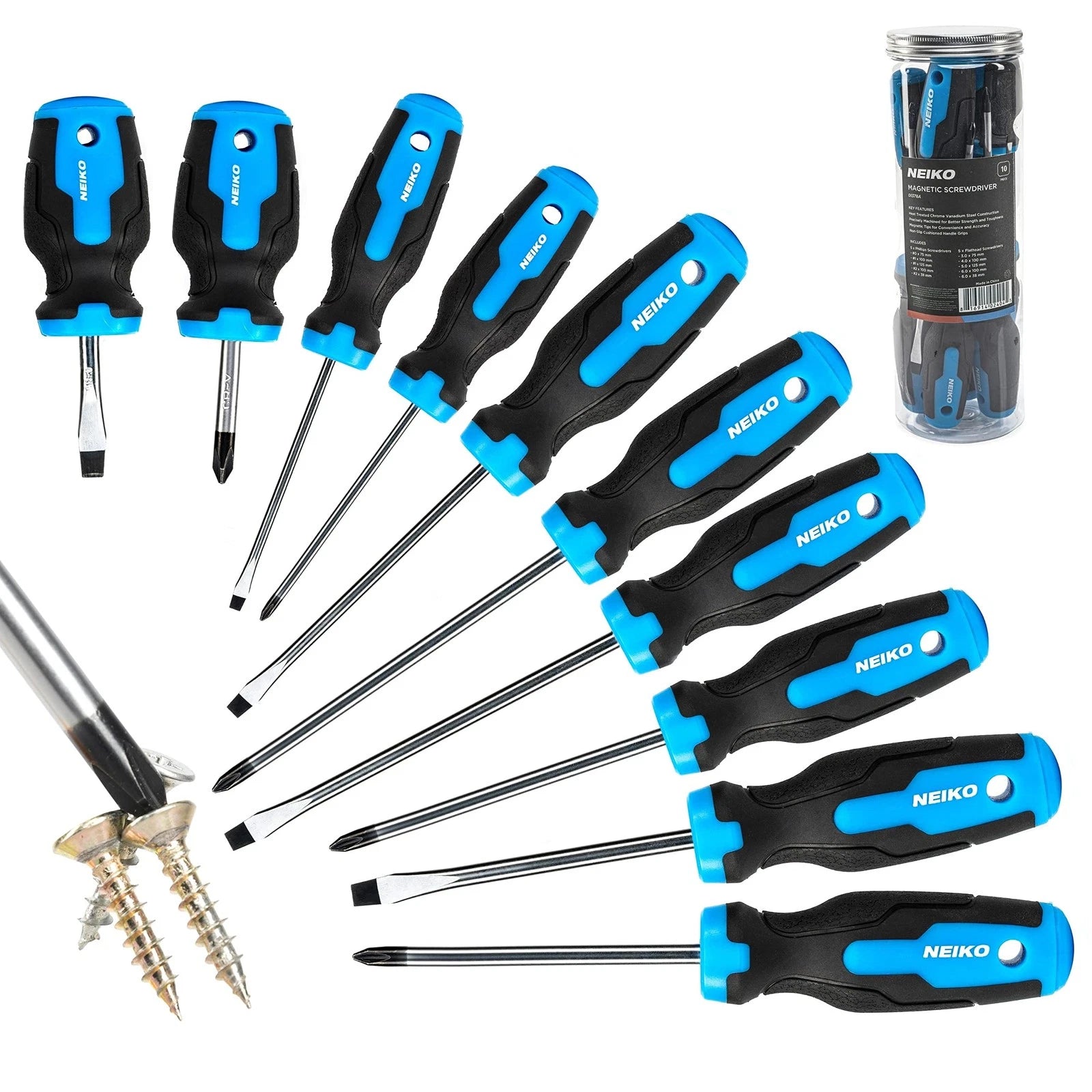 01378A Magnetic Screwdriver Set | 10 Piece | Phillips & Flathead | Heat Treat...