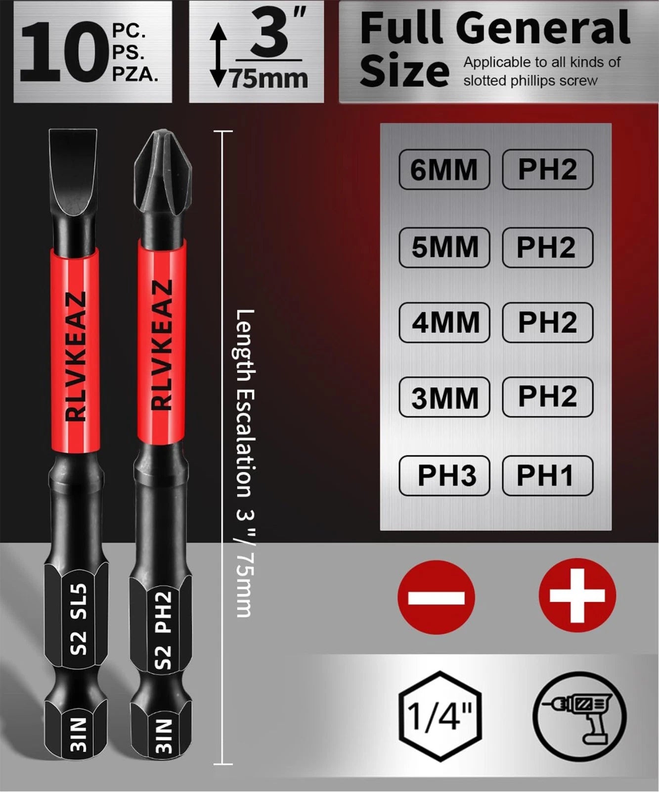 10‑Pc 3" Magnetic Screwdriver Bits Set Phillips & Slotted 1/4" Hex Impact Driver