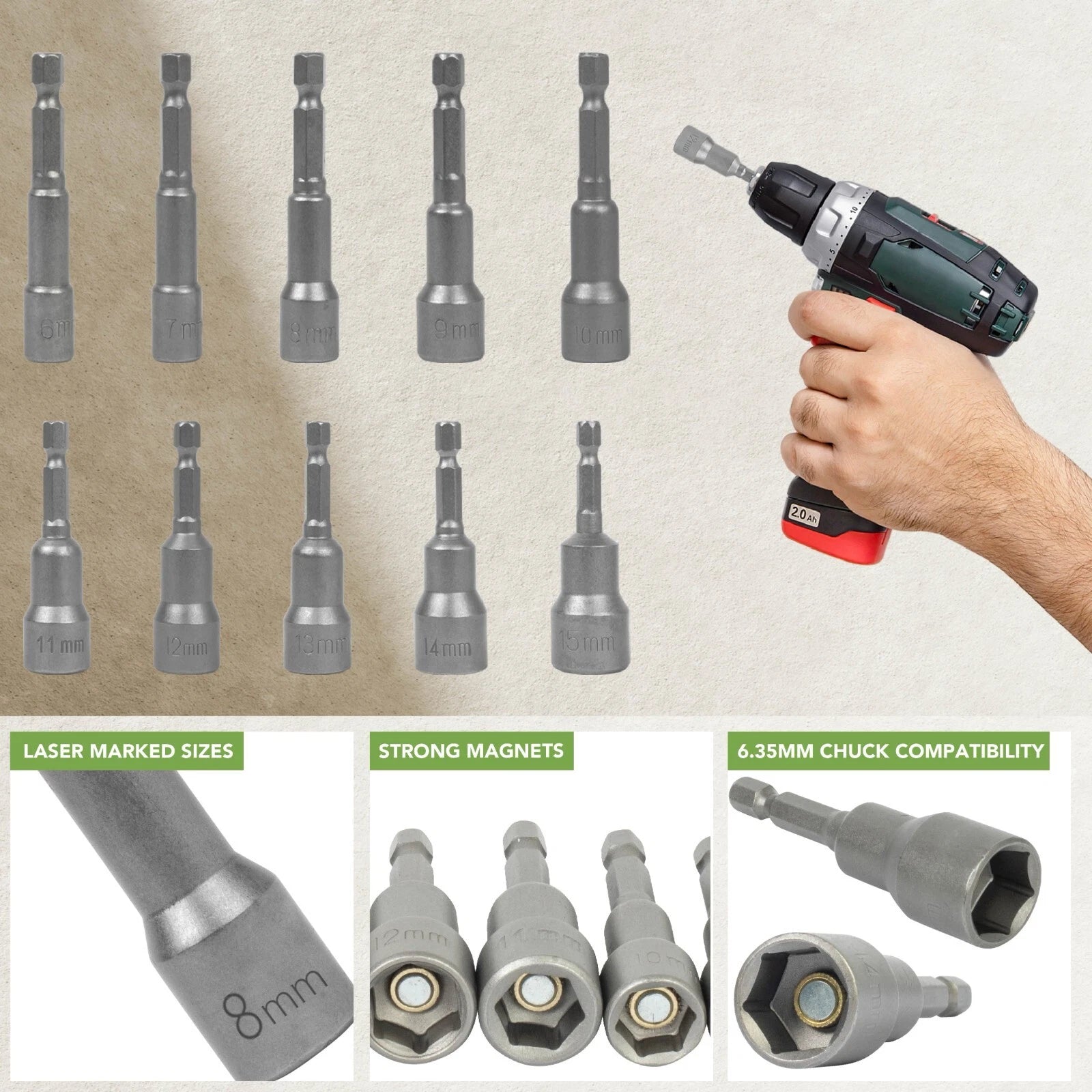 BLOSTM Magnetic Nut Driver Impact Drill Bit Socket Set 6-15mm 1/4" Hex 10PCS