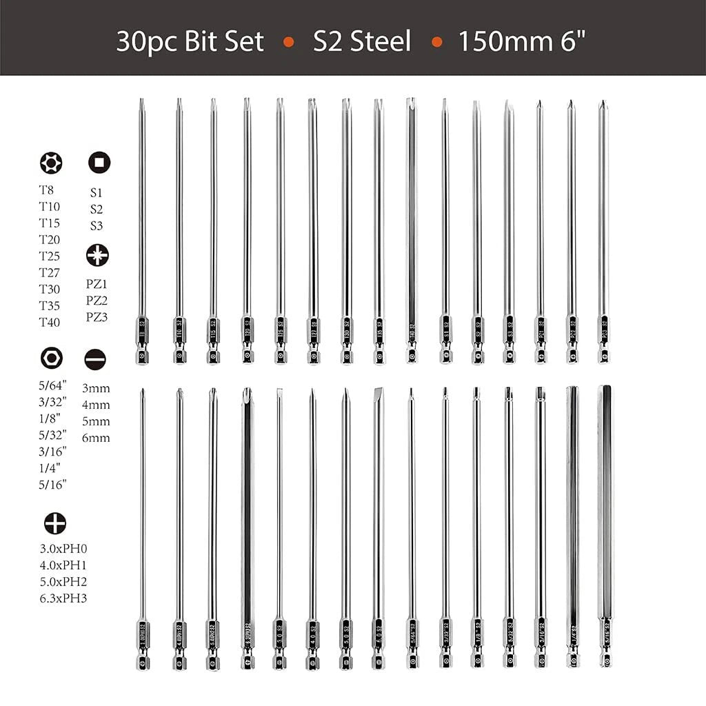 Dandeeler 30 Piece 6 Extra Long Security Bit Set Torx Hex Slotted Phillips Sq...