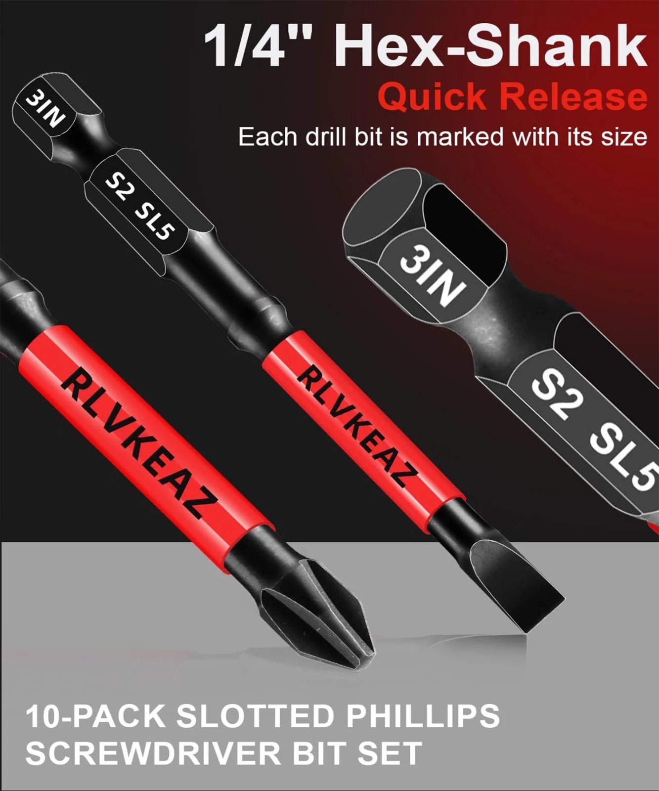 10‑Pc 3" Magnetic Screwdriver Bits Set Phillips & Slotted 1/4" Hex Impact Driver