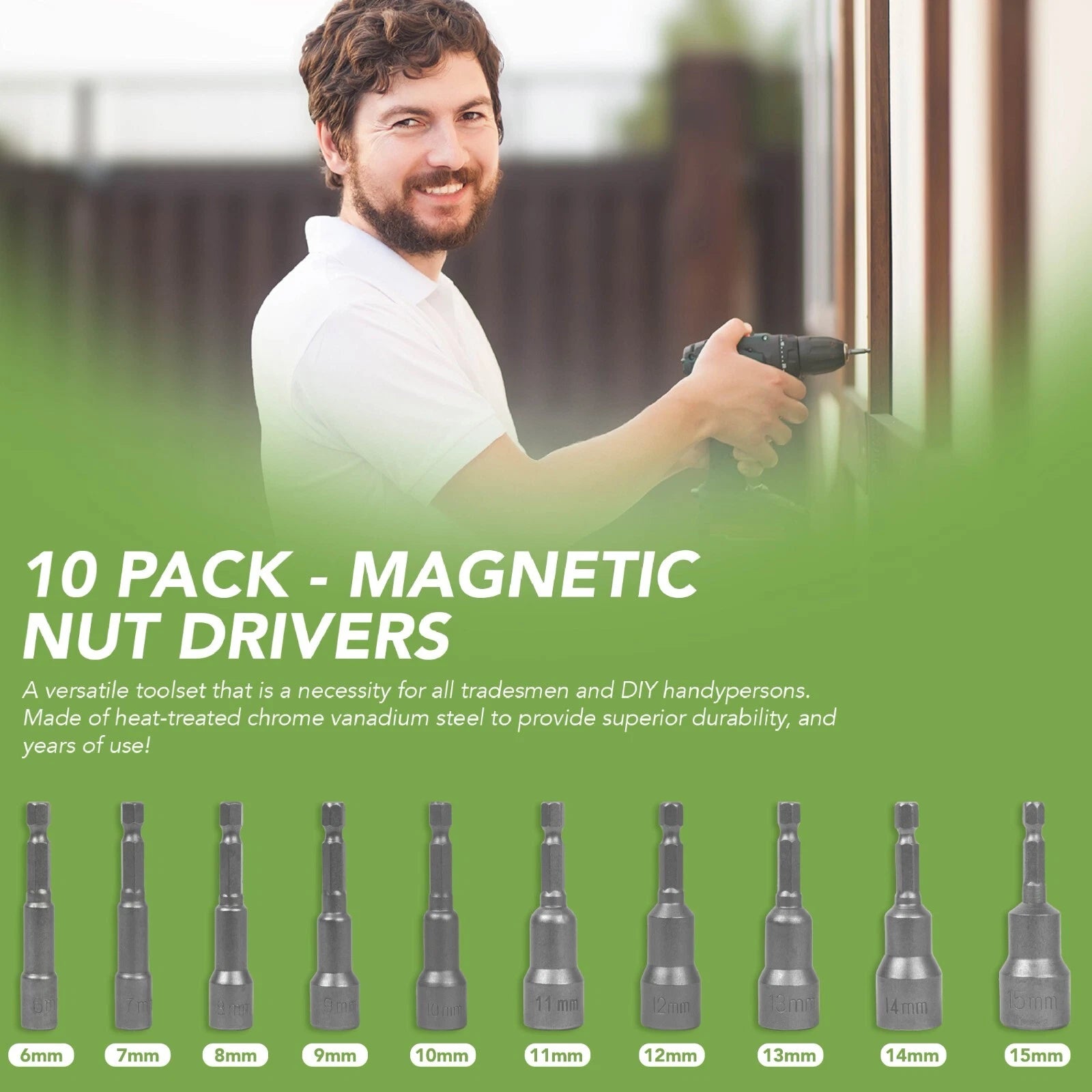BLOSTM Magnetic Nut Driver Impact Drill Bit Socket Set 6-15mm 1/4" Hex 10PCS