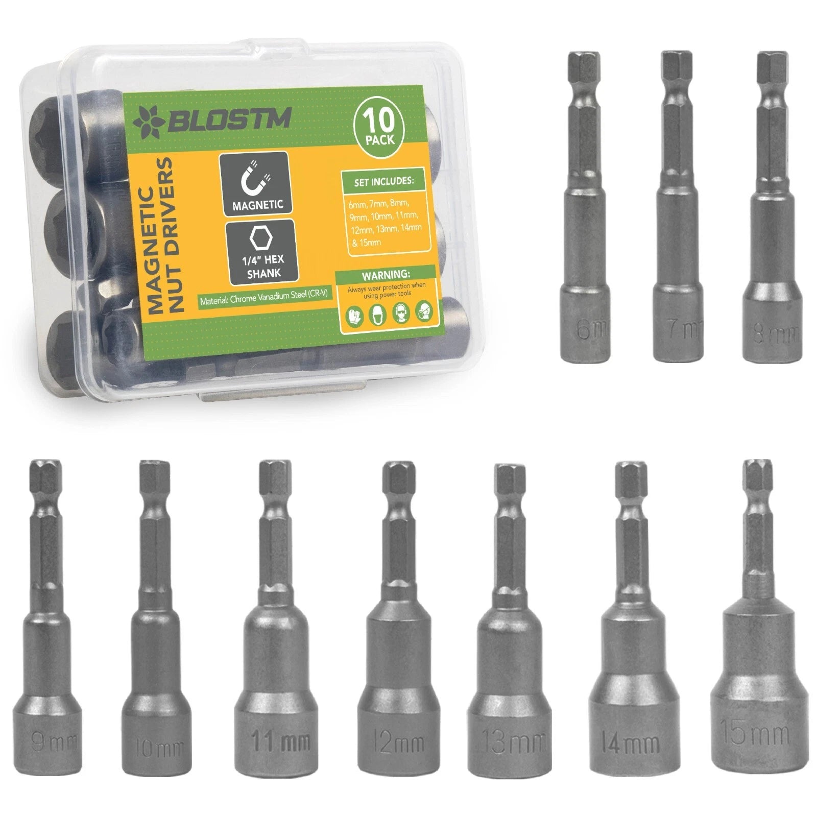 BLOSTM Magnetic Nut Driver Impact Drill Bit Socket Set 6-15mm 1/4" Hex 10PCS