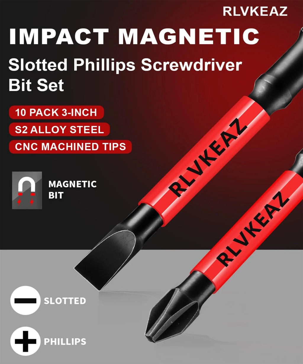 10‑Pc 3" Magnetic Screwdriver Bits Set Phillips & Slotted 1/4" Hex Impact Driver