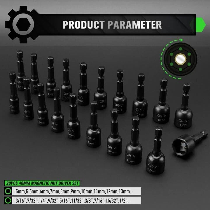 55Piece Magnetic Nut Driver Set Metric & SAE 1/4" Hex Shank Impact Driver Socket