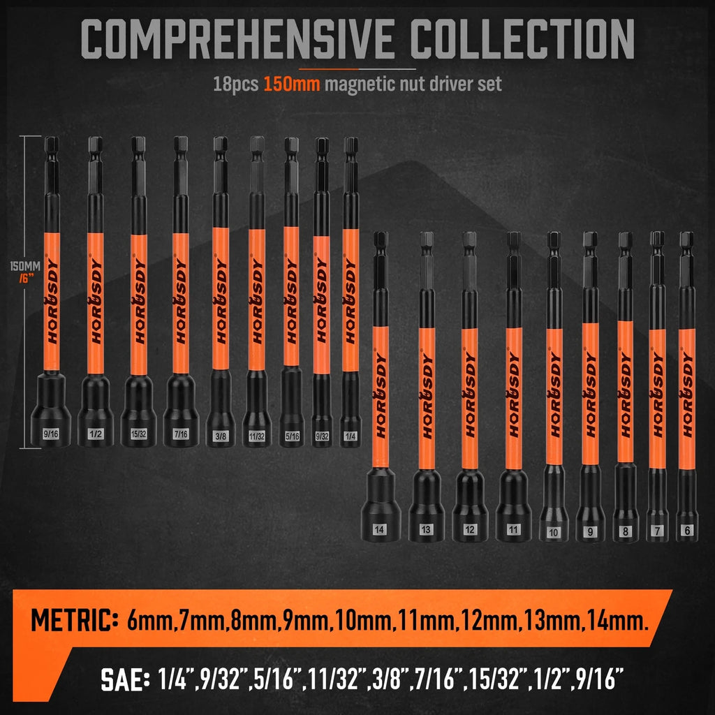 18 Piece Magnetic Nut Driver Impact Set Extra Long Hex Nut Setter SAE & Metric
