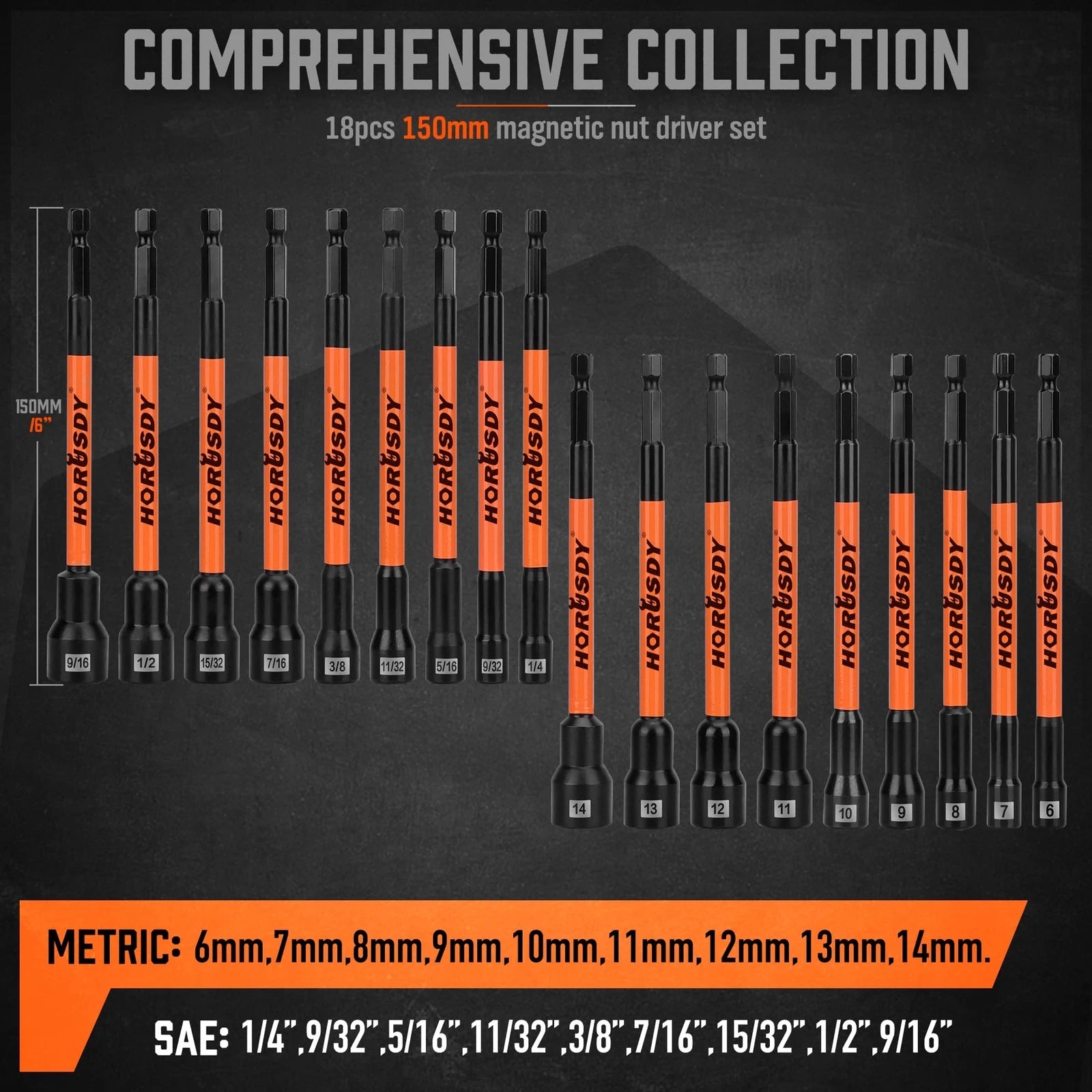 18 Piece Magnetic Nut Driver Impact Set Extra Long Hex Nut Setter SAE & Metric