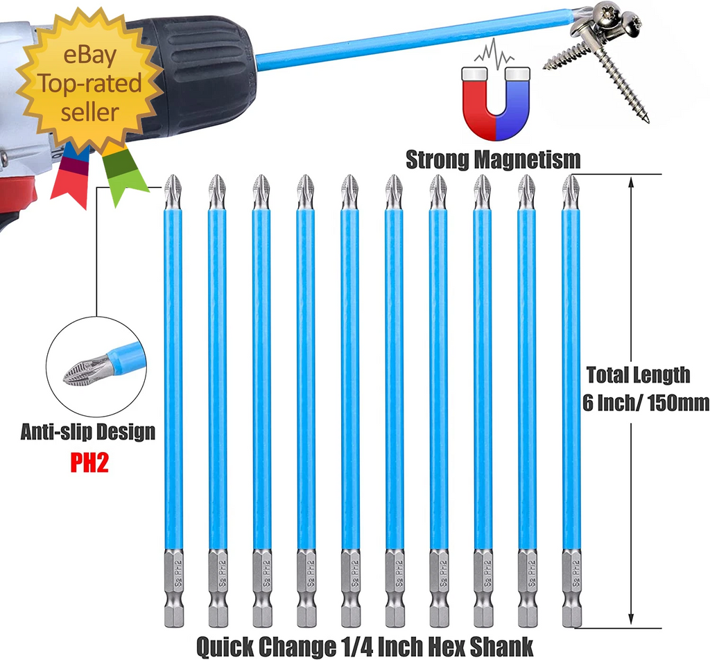 10Pcs 6-Inch Long Phillips Screwdriver Bit Set Magnetic Ph2 Impact Driver