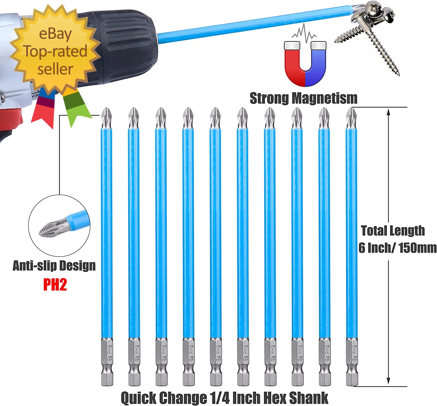 10Pcs 6-Inch Long Phillips Screwdriver Bit Set Magnetic Ph2 Impact Driver