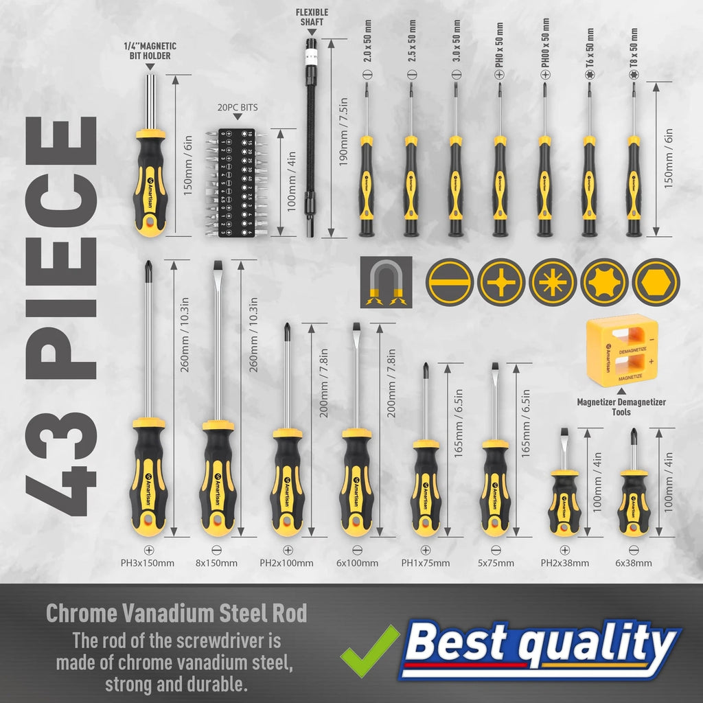 Magnetic Screwdrivers Set & Case Amartisan 43piece Includs Slotted Tools for Men