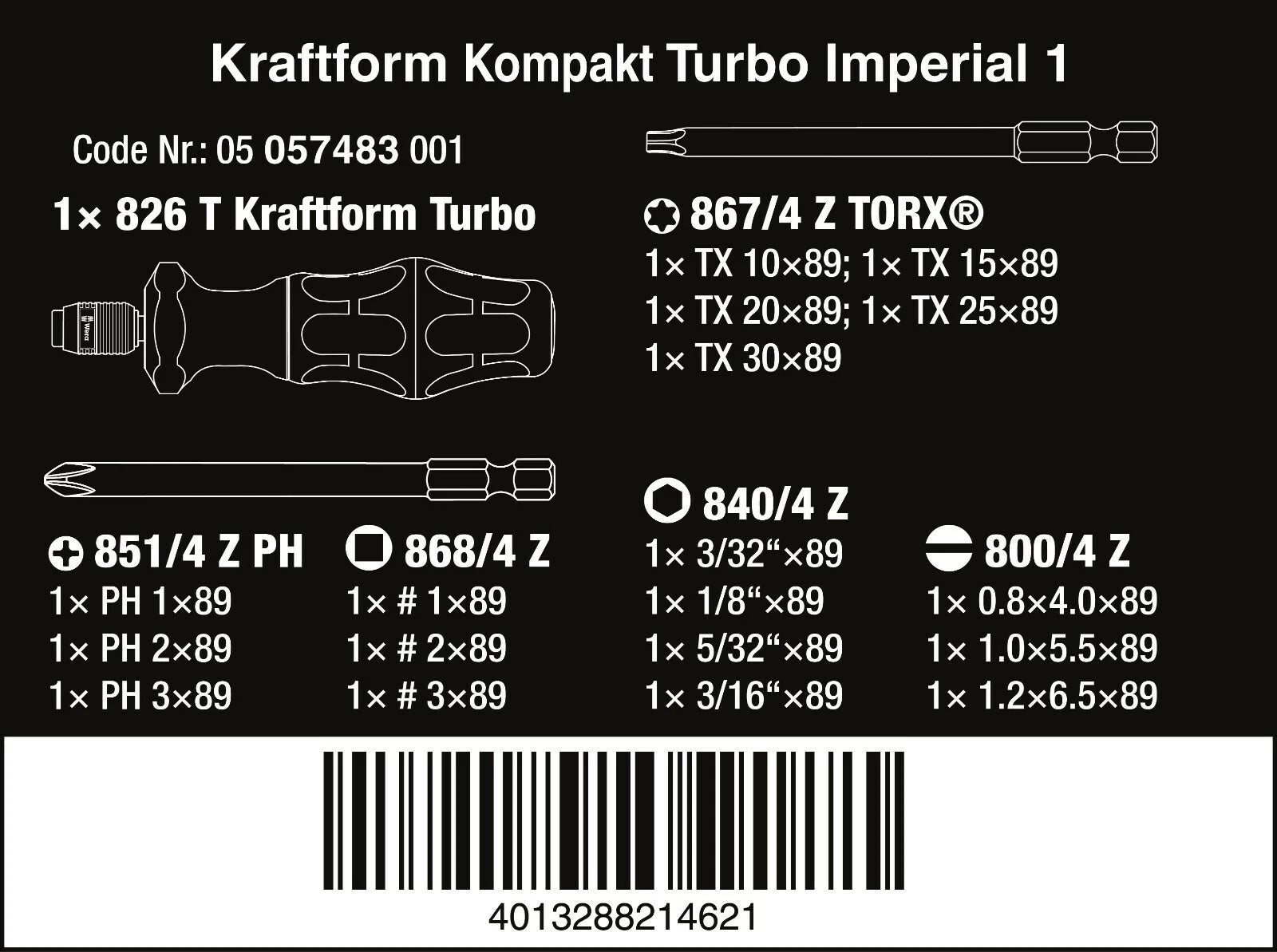 Wera 826 T Kraftform Kompakt Turbo 1 Screwdriver Set 19 Piece SAE 05057483001