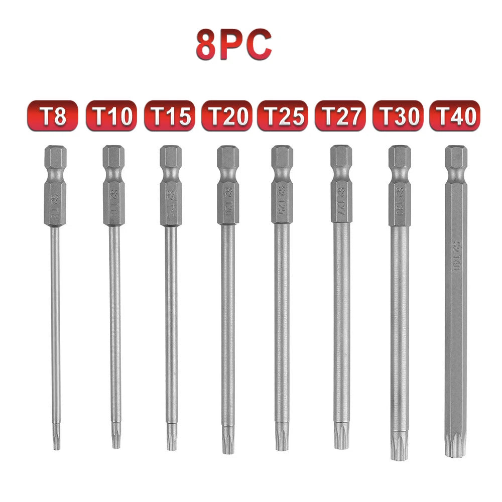 8pcs Torx Screwdriver Bit Set Hex Security Magnetic Head 100MM Extra Long IN USA