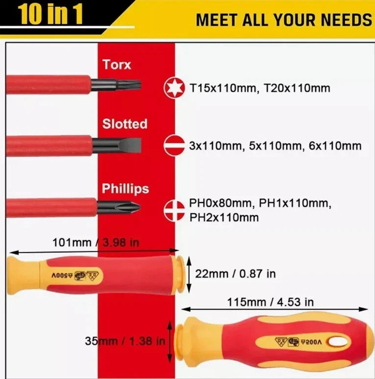 10Pcs VDE Insulated Electrician Interchangeable Head Screwdriver Set & Pouch UK