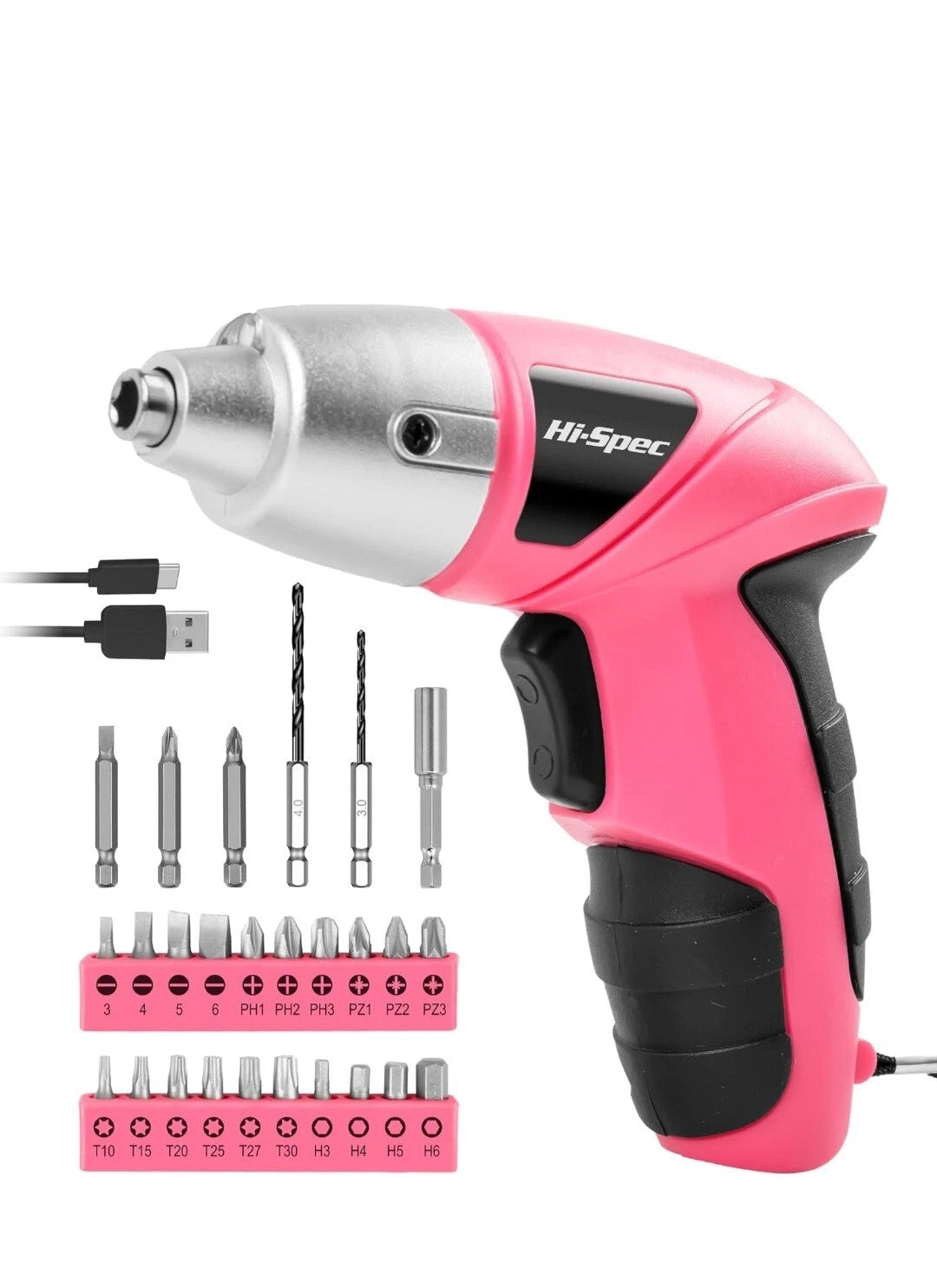 Hi-Spec Electric Screwdriver 27pcs 3.6V Pink USB Small Power Rechargerable