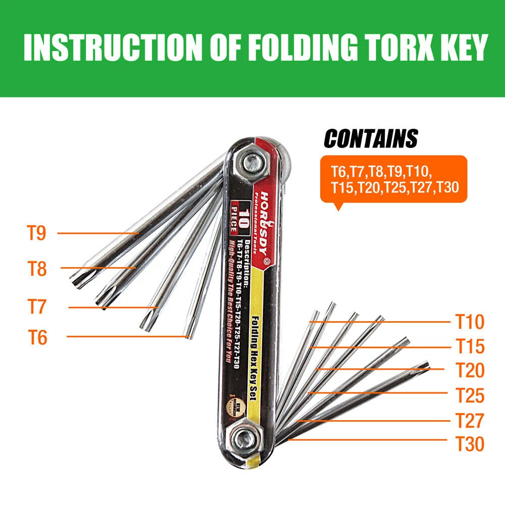 10 PC Tamper Proof Star Key Set Folding Locking Torx security screwdriver T6-T30