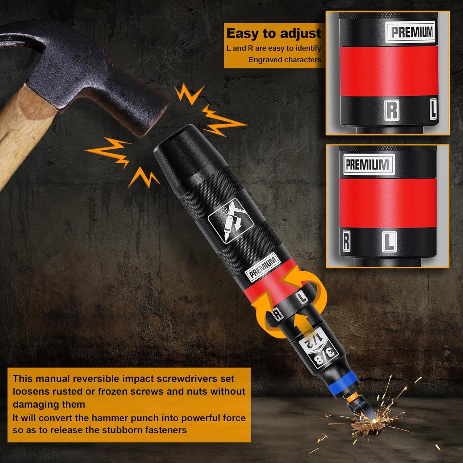 1/2" Hand Impact Screwdriver Set, 13 PCS Manual Reversible Impact Driver Kit, S2