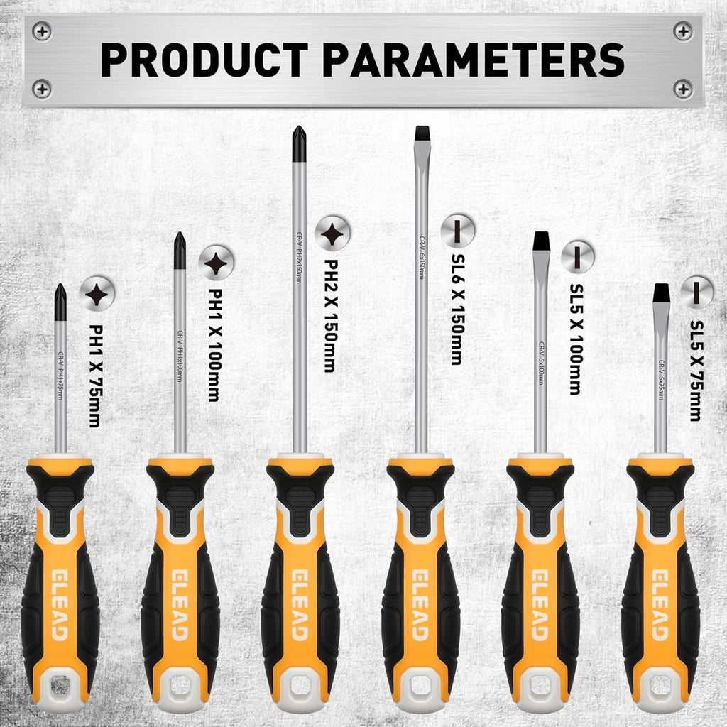 6-Piece Magnetic Screwdrivers Set, 3 Phillips and 3 Slotted Tips Professional