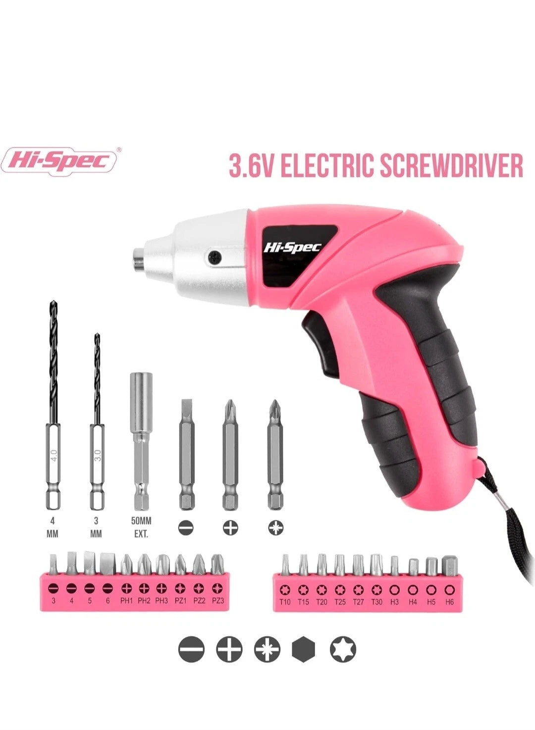 Hi-Spec Electric Screwdriver 27pcs 3.6V Pink USB Small Power Rechargerable