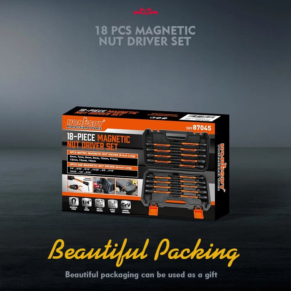 18 Piece Magnetic Nut Driver Impact Set Extra Long Hex Nut Setter SAE & Metric