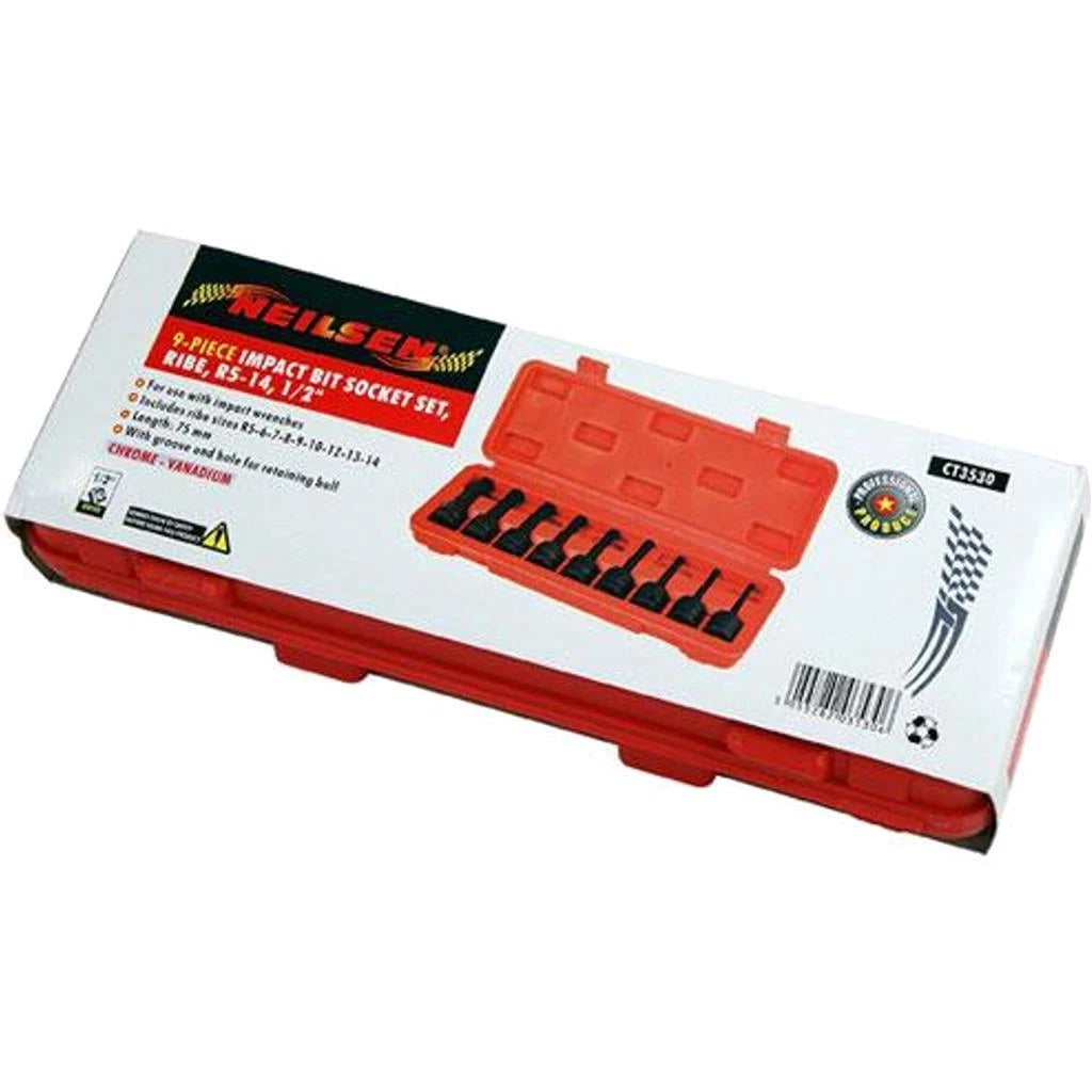 Neilen 9pc Impact Bit Socket Set Ribe Wrench R5 - R14 1/2" Drive 78mm