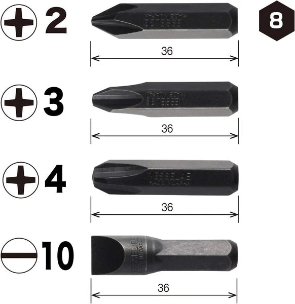 VESSEL BS2500 Impact Screwdriver Bits Heavy Duty 4 Pcs JIS Set