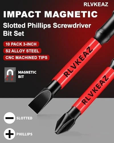 10-PCS 3" Long Magnetic Screwdriver Bits Set: Phillips Bits #1/#2/#3 & Slotted