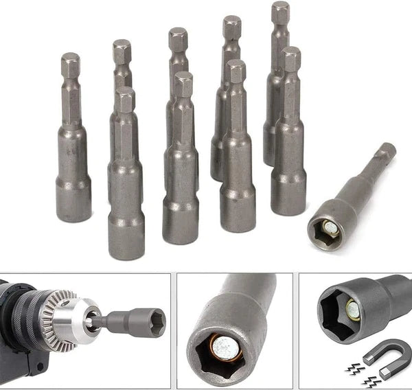 10Pcs 1/4'' Hex Shank Magnetic Power Nut Driver Bit Sets Quick Change Socket Nut