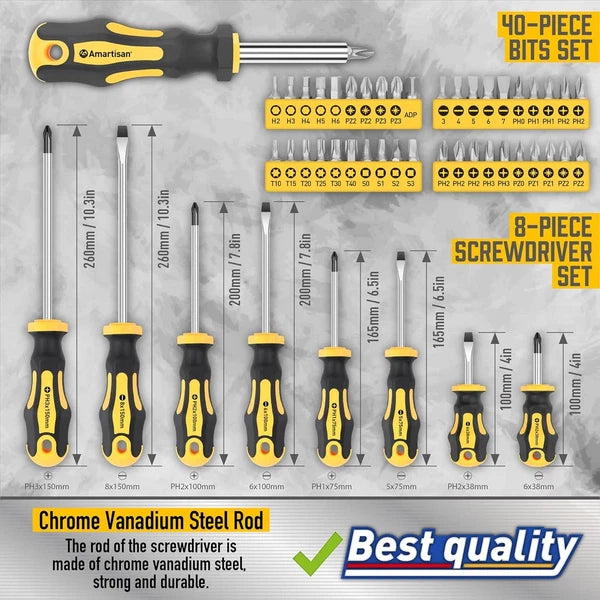 Magnetic Screwdrivers Set with Case, Amartisan 72-piece Includs Yellow