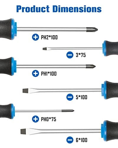 6PCS Magnetic Tip Screwdriver Set, 3 Phillips and 3 Flat, 6pc_black Tip_matt