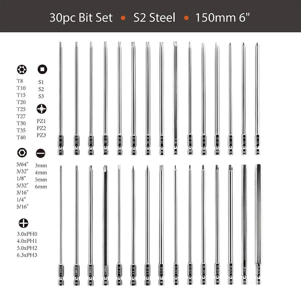 Dandeeler 30 Piece 6 Extra Long Security Bit Set Torx Hex Slotted Phillips Sq...